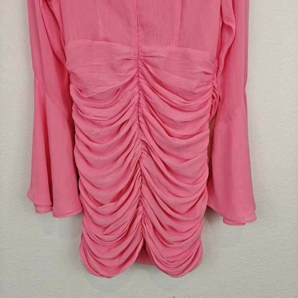 RUNAWAY The Label Suzy Mini Dress Flared Sleeves Deep V-neck In Bubblegum LG - Picture 14 of 15